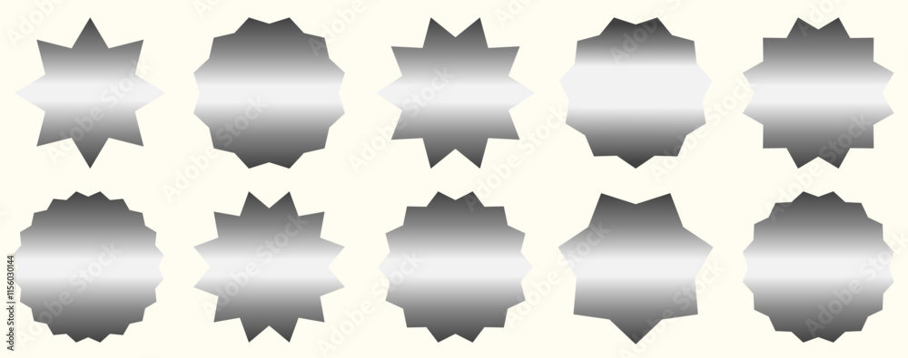 Set of vector silver starburst symbols. Metallic sunburst empty labels or stickers for advertising, shop sales tags and promotions