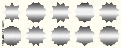 Set of vector silver starburst symbols. Metallic sunburst empty labels or stickers for advertising, shop sales tags and promotions