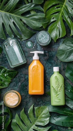 Colorful cleaning supplies arranged among tropical leaves for eco-friendly ho...