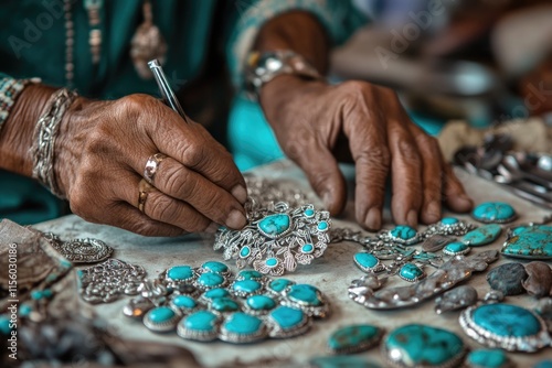 Elderly artisan meticulously crafting intricate turquoise and silver jewelry. photo