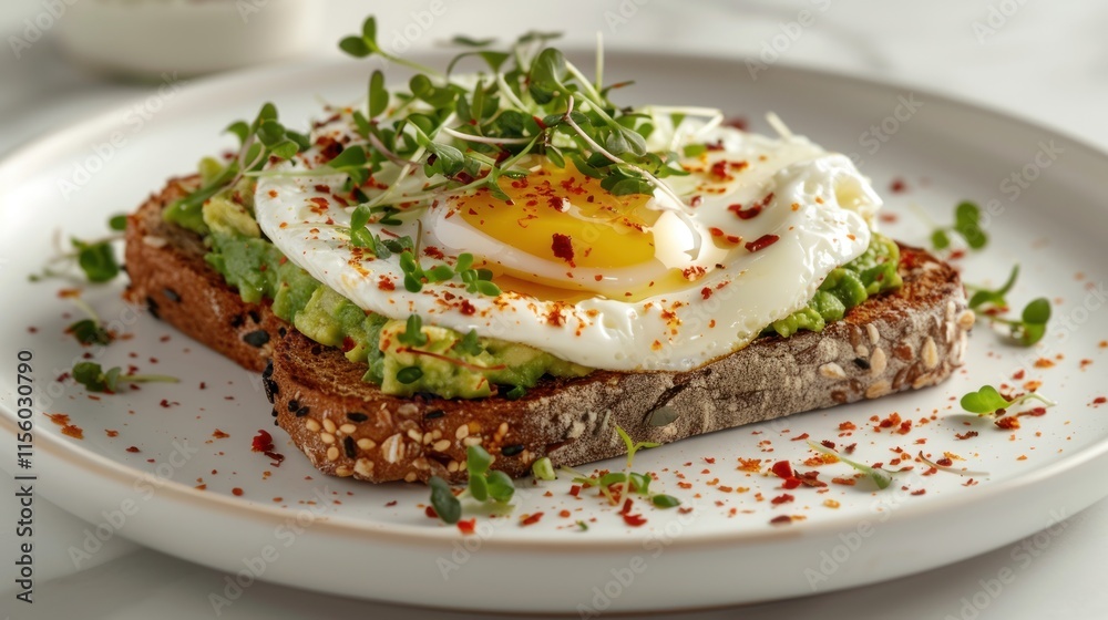 Delicious Avocado Toast with Fried Egg and Microgreens Delicious Avocado Toast with Fried Egg and Microgreens