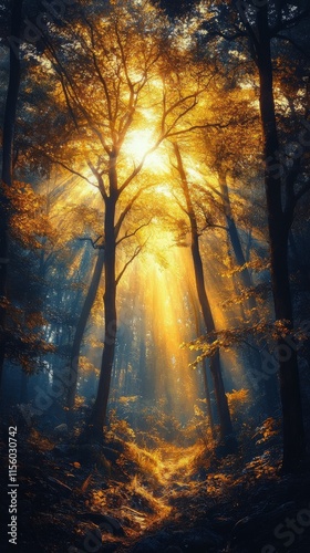 Sunlight beams shining through a lush forest in the early morning