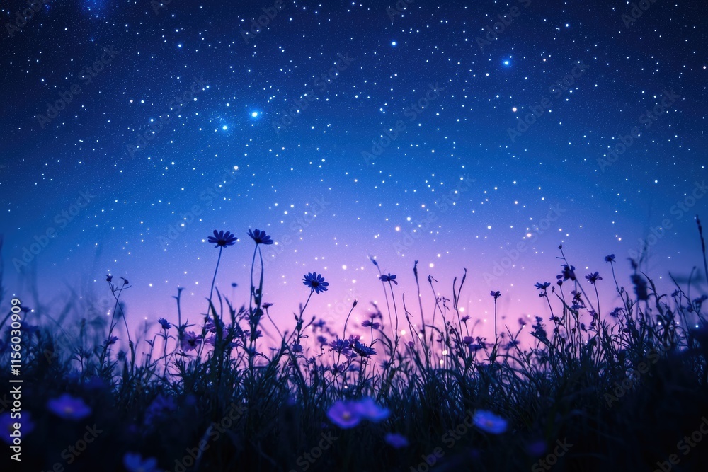 Silhouetted flowers in a field under a breathtaking starry night sky. Silhouetted flowers in a field under a breathtaking starry night sky.