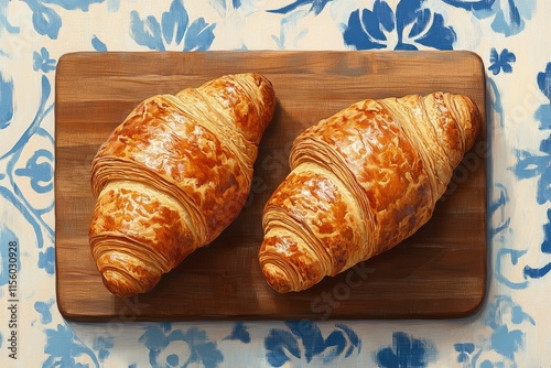 Freshly baked croissants resting on a wooden cutting board in a cozy kitchen