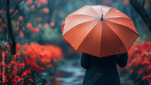 Woman with brown umbrella in blooming flower garden during sunset