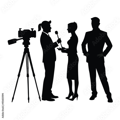 a black silhouette of three people, two men and a woman, standing in front of a camera on a tripod.