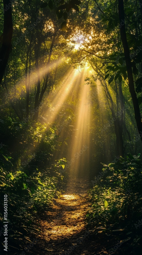 Sunlight beams shining through a lush forest in the early morning Sunlight beams shining through a lush forest in the early morning