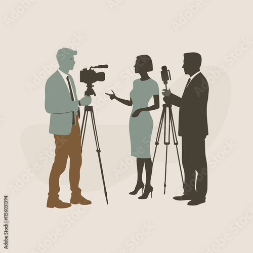 a black silhouette of three people, two men and a woman, standing in front of a camera on a tripod.