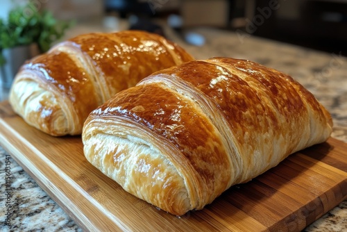 Freshly baked croissants resting on a wooden cutting board in a cozy kitchen