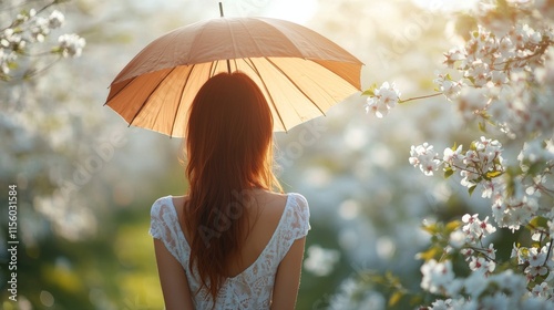 Woman with brown umbrella in blooming flower garden during sunset