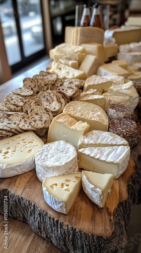 Cheese platter featuring a variety of textures and flavors showcased on a woo...