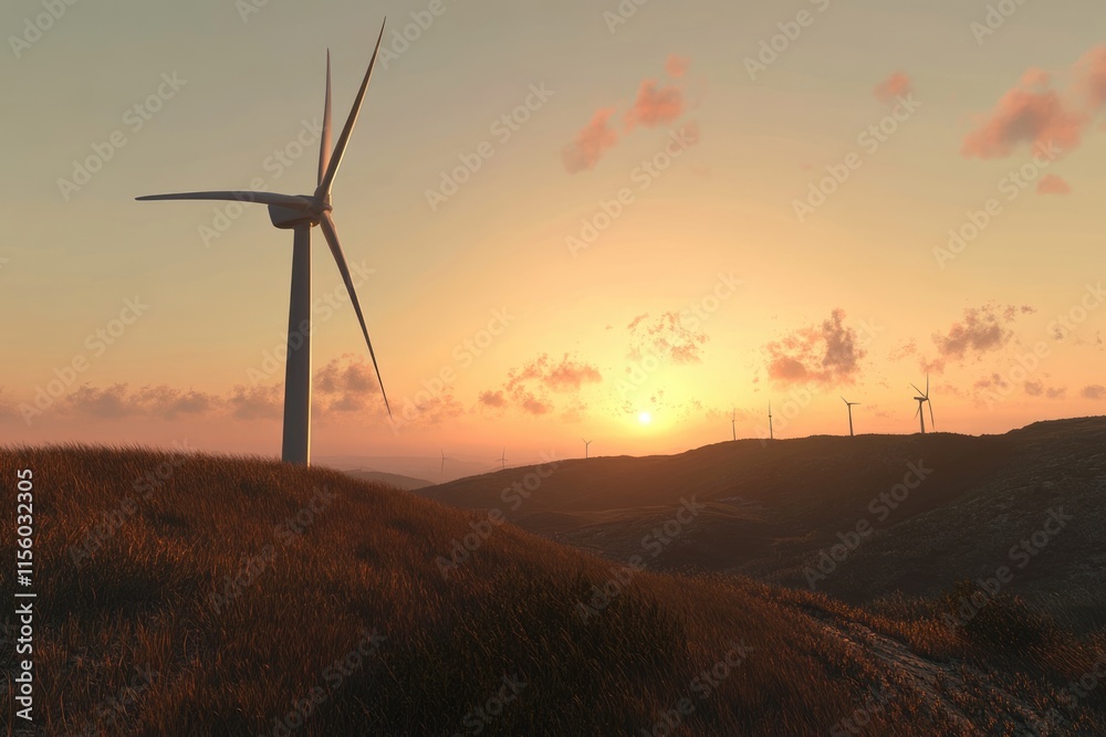 Obraz premium Wind turbines on a hill at sunset, generating clean energy against a warm sky.