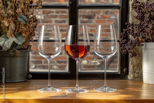 Elegant display of wine glasses capturing sunlight in a cozy setting