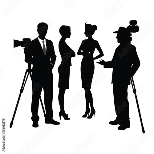 a black silhouette of three people, two men and a woman, standing in front of a camera on a tripod.