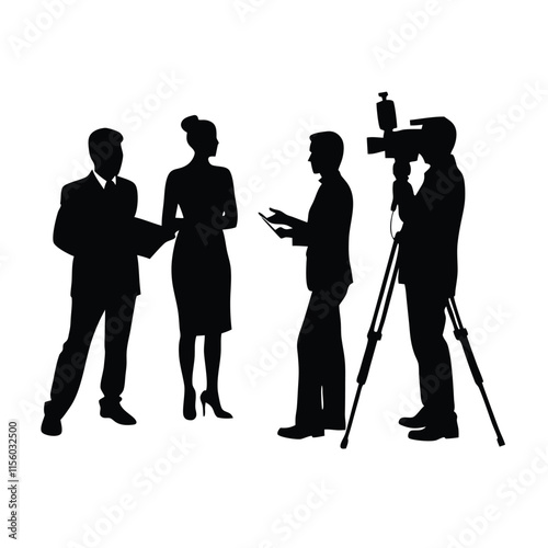 a black silhouette of three people, two men and a woman, standing in front of a camera on a tripod.
