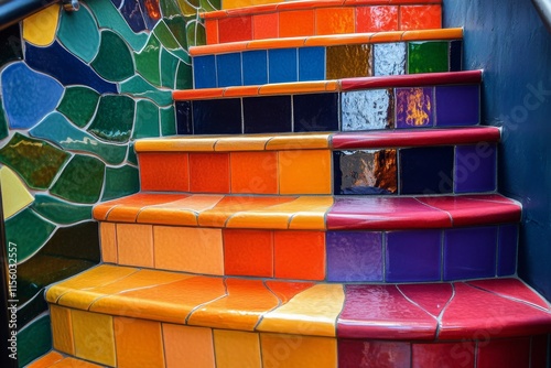 Colorful tiled staircase leading up in a vibrant cultural venue in a city