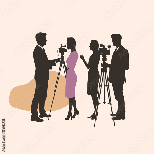 a black silhouette of three people, two men and a woman, standing in front of a camera on a tripod.