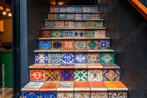 Colorful tiled staircase leading up in a vibrant cultural venue in a city