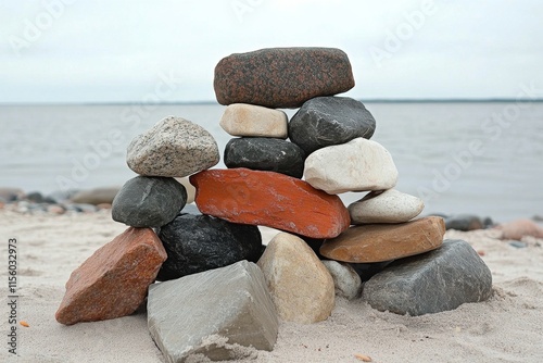 Stones arranged on sandy beach near rocky shoreline under overcast sky at coa...