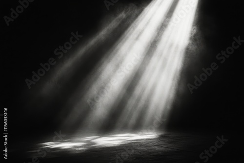 Light beams breaking through a dusty window in a dark, empty room during the late afternoon