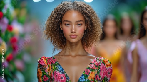 Three models posing against a backdrop of pink flowers and blossoms during a ...
