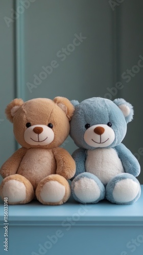 Two cuddly teddy bears sitting together on a soft surface in a cozy indoor se...