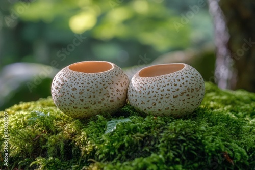 Two white mushrooms growing on moss in a lush green forest during daytime