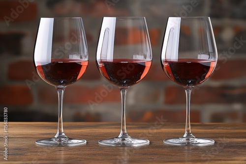 Elegant red wine glasses lined up on a wooden table with a warm background