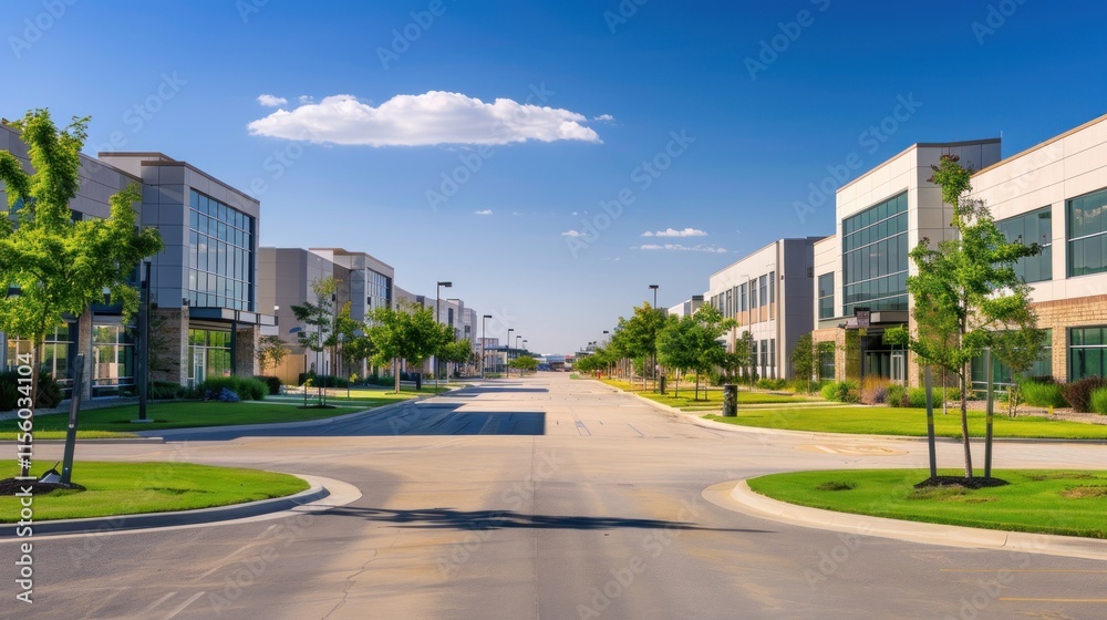 Modern Business Park: A Sunny Day in a Commercial District Modern Business Park: A Sunny Day in a Commercial District