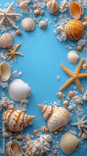 Various seashells and a starfish arranged on a blue background in a decorativ...