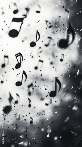 Colorful musical notes floating among vibrant sparks in a dark atmosphere