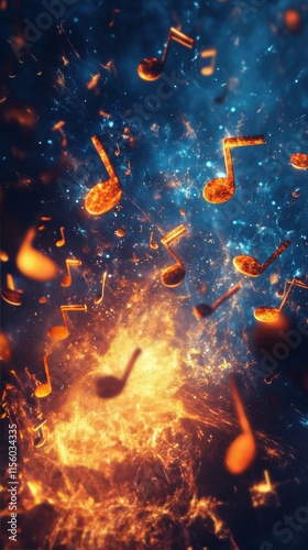 Colorful musical notes floating among vibrant sparks in a dark atmosphere