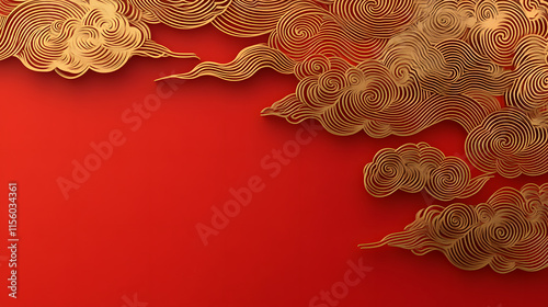 Golden swirling line art of Chinese clouds on vibrant red background, creating elegant and traditional aesthetic with intricate details and soft shadows