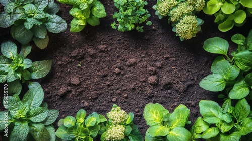 Vibrant herb and vegetable garden with rich soil in sunlight during springtime