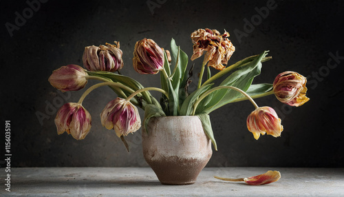 Wilted tulips in various shades of red and orange droop gracefully in a ceramic vase against a dark background. photo