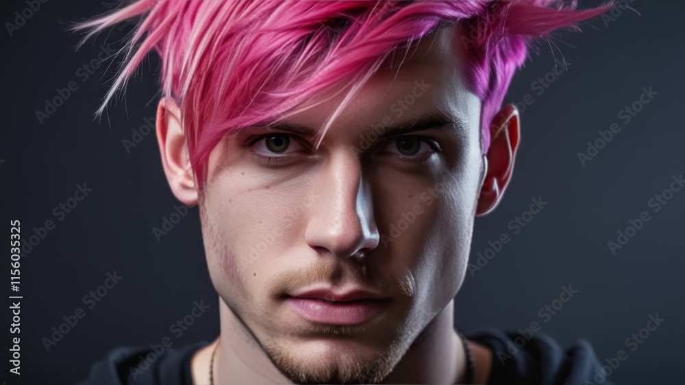 young man with pink hair looking at camera young man with pink hair looking at camera