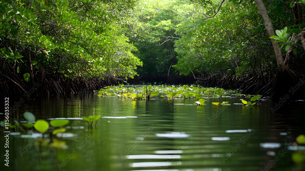 Serene Mangrove Forest River: Lush Green Tropical Landscape Serene Mangrove Forest River: Lush Green Tropical Landscape