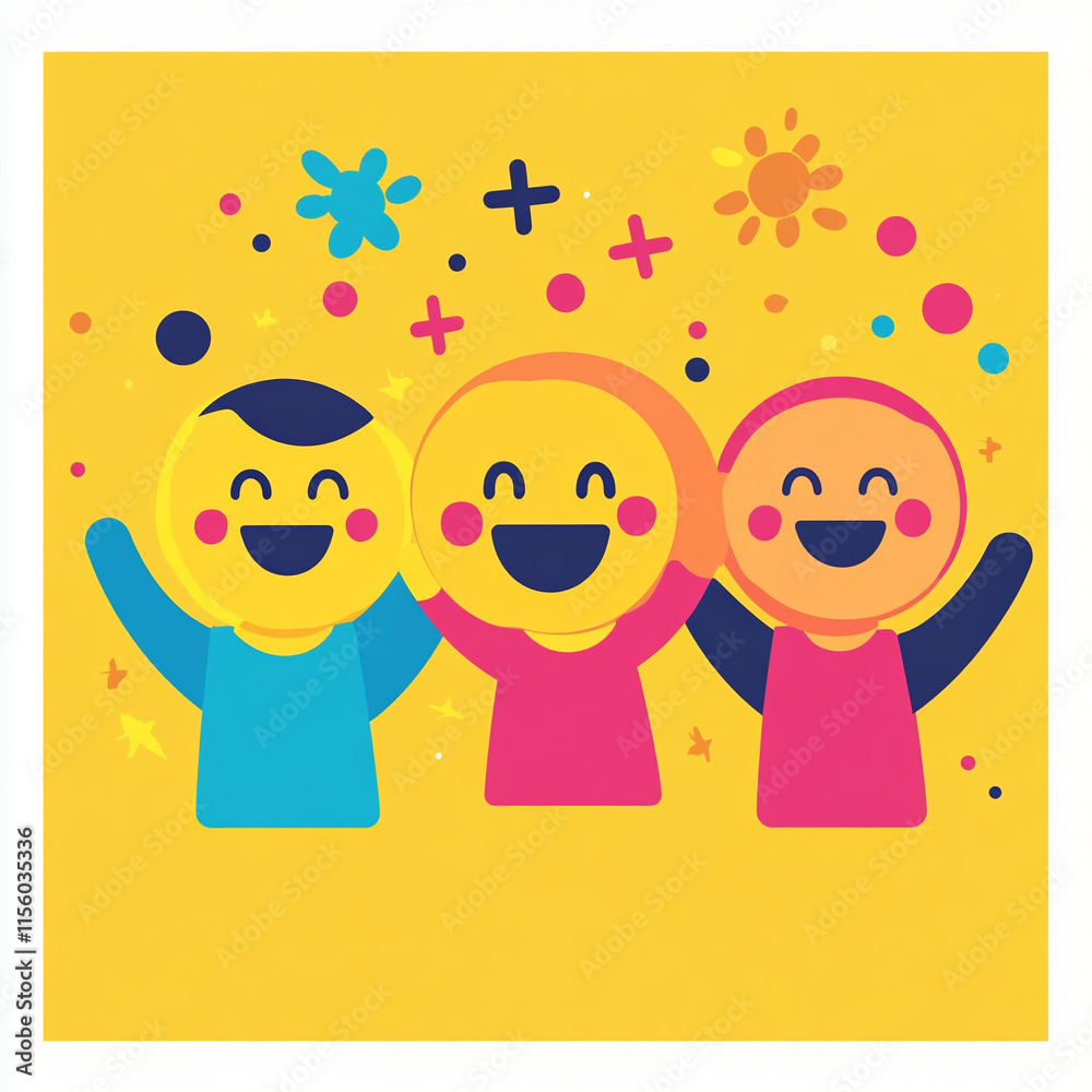 Happy children celebrating together against a bright yellow background Happy children celebrating together against a bright yellow background
