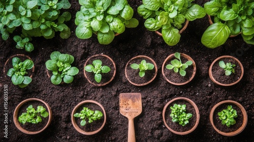Fresh herbs and greens growing in potted plants on fertile soil in a garden
