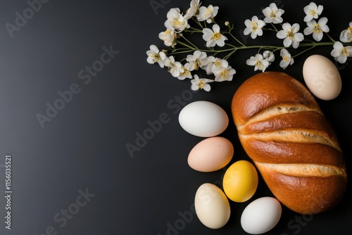 festive easter decor, eastern european easter bread in a warm kitchen, accompanied by flowers, colorful eggs, and spring decor evoking a cozy vibe photo