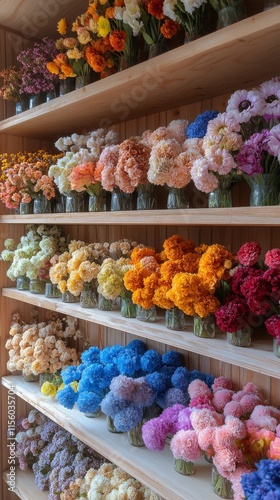 Colorful flower display in a wooden shop showcasing various blooms and arrang...