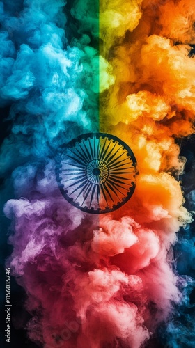 Colorful smoke clouds create an artistic representation of the Indian flag in...