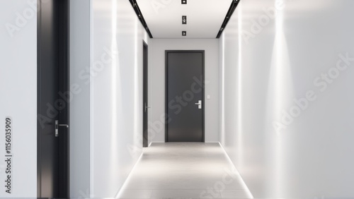 white hallway with a black door at the end