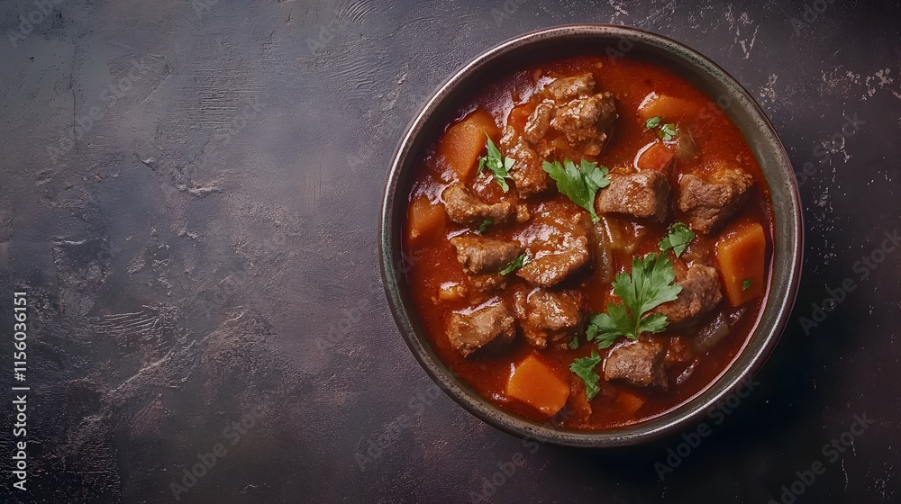 hearty bowl of Hungarian goulash with tender beef chunks, potatoes, and carrots in rich, flavorful paprika infused broth, garnished with fresh parsley hearty bowl of Hungarian goulash with tender beef chunks, potatoes, and carrots in rich, flavorful paprika infused broth, garnished with fresh parsley
