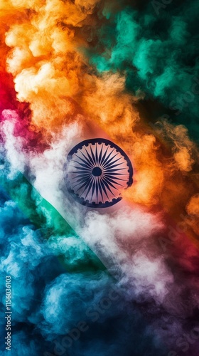 Colorful smoke clouds create an artistic representation of the Indian flag in...