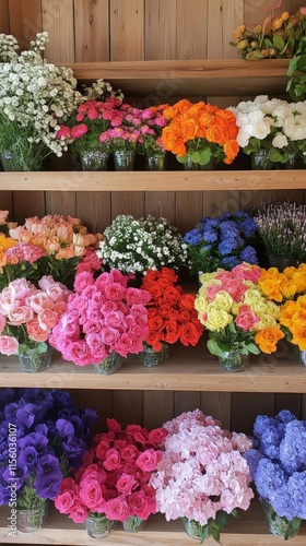 Colorful flower display in a wooden shop showcasing various blooms and arrang...