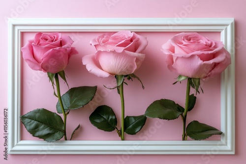 Beautiful pink roses displayed in a white frame against a soft pink background
