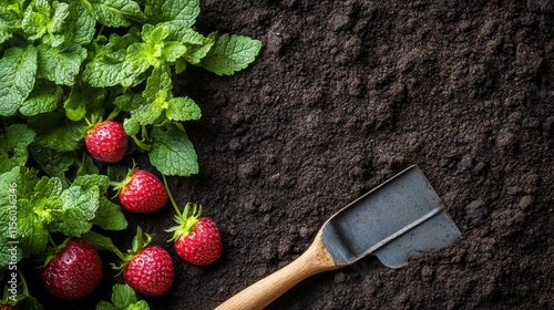 Strawberries and mint freshly harvested in a garden bed with a small hand tool