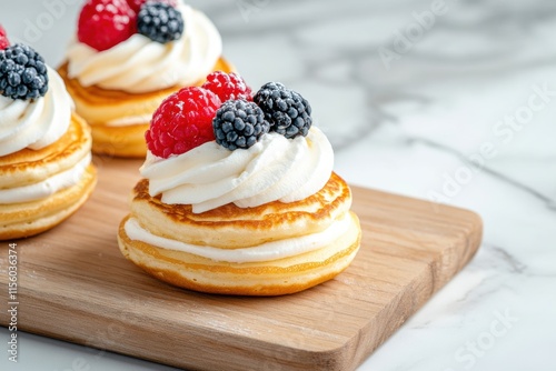 shrove tuesday breakfast, pancakes with whipped cream, fruit on a wooden board in a bright kitchen showcasing the spirit of shrove tuesday photo