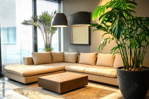 Modern Living Room with Beige Couch, Minimalist Decor, and Indoor Plants photo